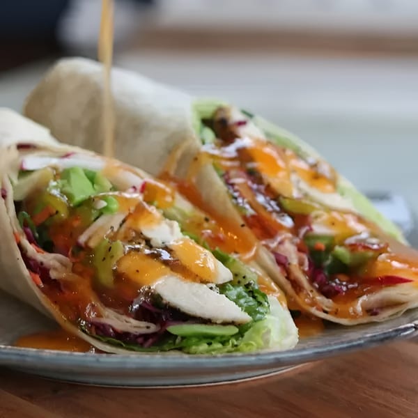 Two chicken wraps filled with lettuce, avocado, and red cabbage, drizzled with orange sauce.