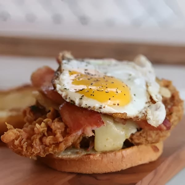 Close-up of a fried chicken sandwich with bacon, melted cheese, and a fried egg on a bun.