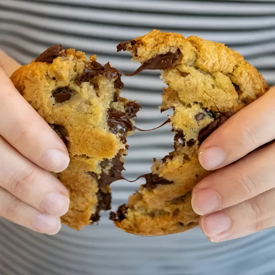 Hands pulling apart a warm chocolate chip cookie, revealing gooey melted chocolate inside.