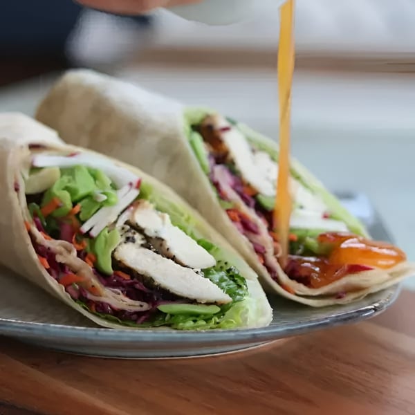 Two chicken wraps filled with fresh vegetables, one being drizzled with orange sauce.