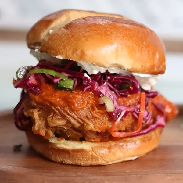 Close-up of a spicy fried chicken sandwich with red cabbage slaw and white sauce on a brioche bun.
